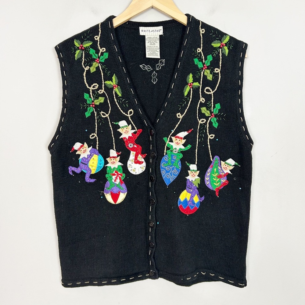 Vtg Women's Sweater Vest Black Christmas Elf Holiday Size Large 12/14